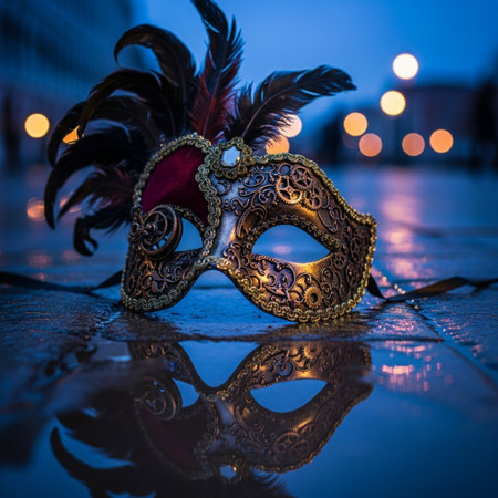 Carnival mask with feathers on the ground in Venice, Italyの素材