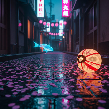Chinese lanterns and fish on the street at night, 3d renderingの素材