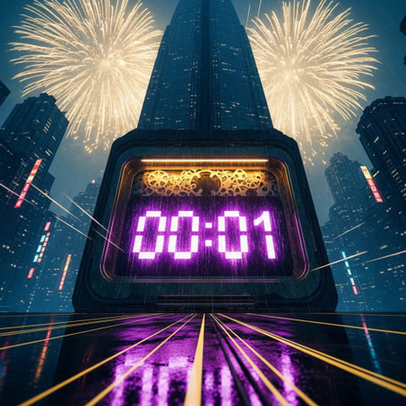 Futuristic digital clock with digital numbers and fireworks on the backgroundの素材