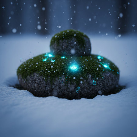 Green stones in the snow in winter forest. 3D rendering.の素材