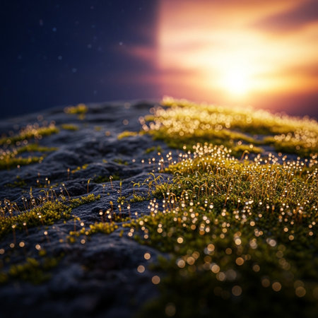 Moss on a rock with sunset in the background. Shallow depth of fieldの素材