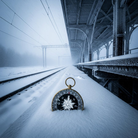 A compass in the snow on the railway station. Toned.の素材