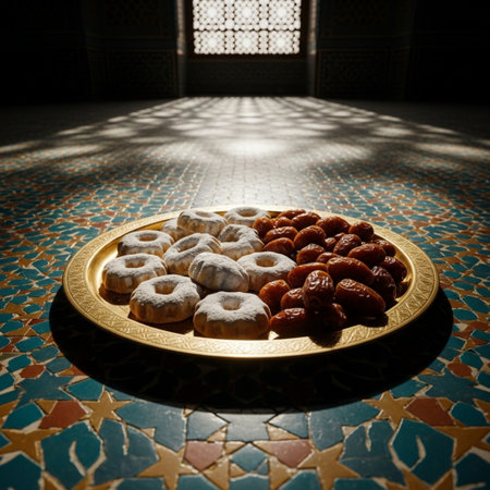 Traditional moroccan sweet donuts and dates on a golden plateの素材