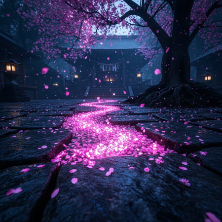 Cherry blossom petals falling on the ground at night.の素材