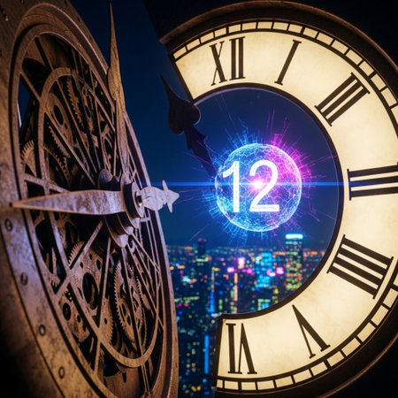 Time concept with clock face and night city view. 3D Renderingの素材
