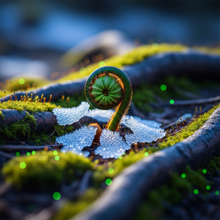 Ferns growing on moss in the forest. Selective focus.の素材