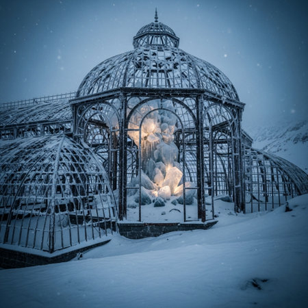 Frosty winter landscape in a glasshouse. Toned.の素材