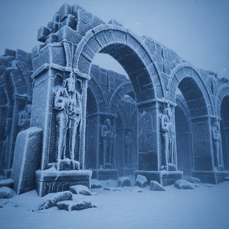 Frozen arches of the old church in the snow at nightの素材
