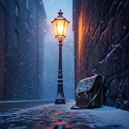 Winter city street with lantern and a backpack under the snowfall.の素材