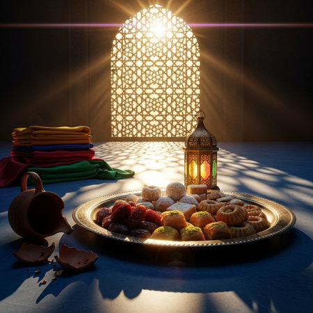 Ramadan Kareem greeting card with Ramadan Kareem lantern and traditional food.の素材