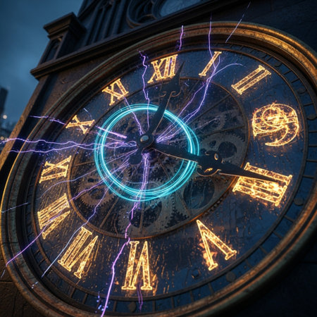 Clock face with abstract glowing letters. Time concept. 3D Renderingの素材
