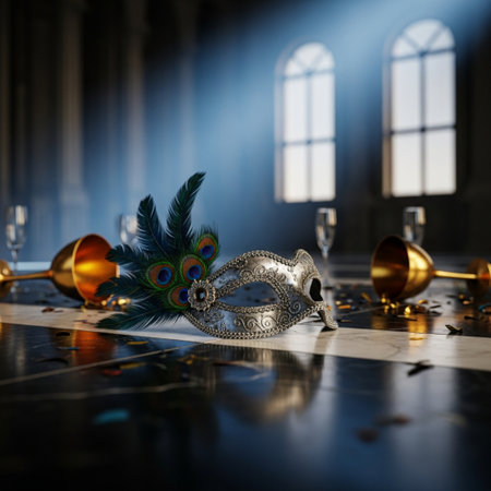 Venetian carnival mask with feathers on the floor. 3d renderingの素材