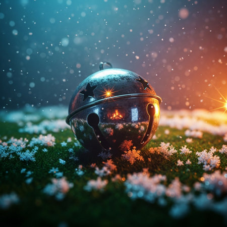 Christmas and New Year holidays background. Festive decoration with Christmas ball on green grass.の素材