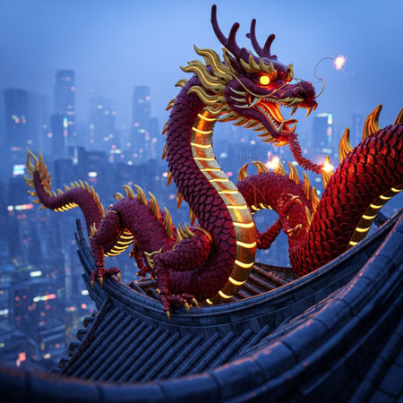Chinese dragon on the top of the roof with cityscape background.の素材