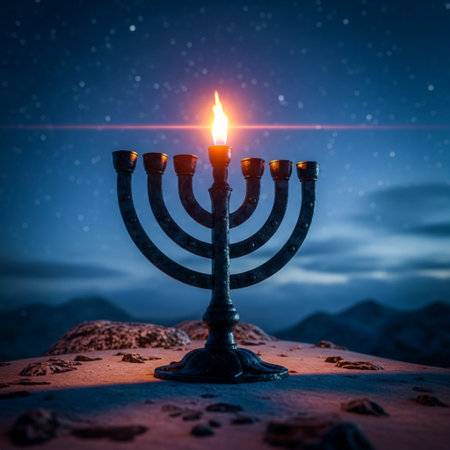 Hanukkah menorah with burning candle on the night sky backgroundの素材