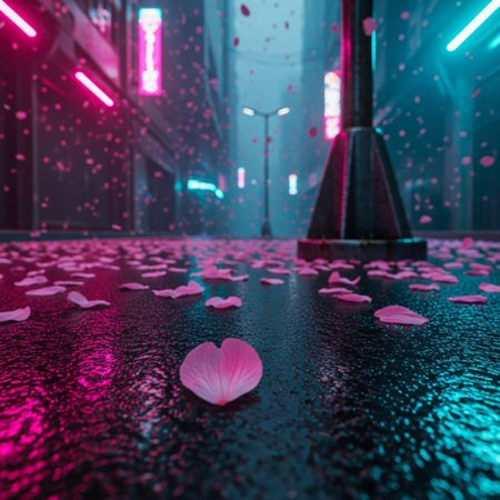 pink flower petals falling down on the floor in the nightの素材