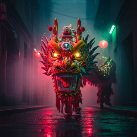 Chinese new year dragon in traditional costume in the streets of China.の素材