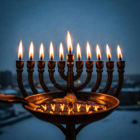 Jewish holiday Hanukkah with menorah (traditional candelabra)の素材