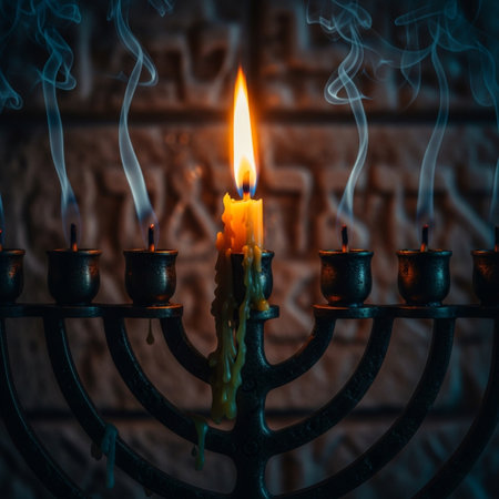 Image of jewish holiday Hanukkah background with menorah (traditional candelabra) and burning candlesの素材