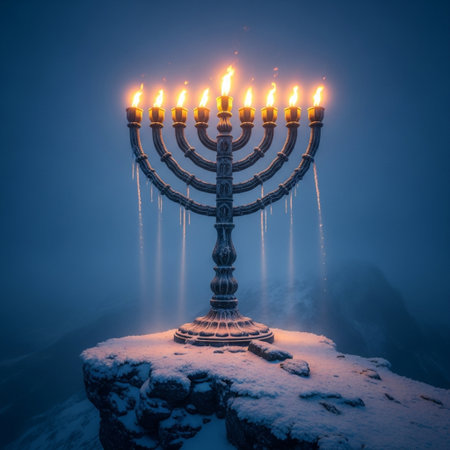 Religion image of jewish holiday Hanukkah background with menorah (traditional candelabra) and candlesの素材