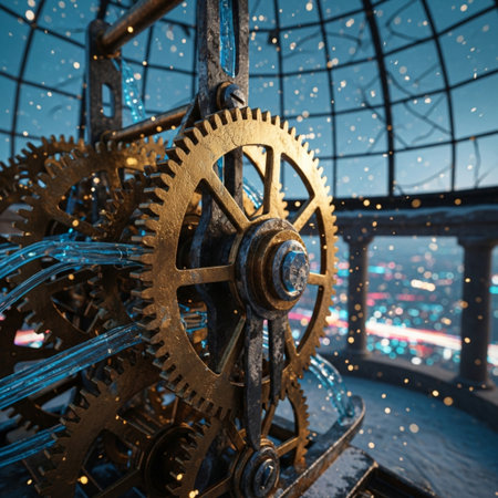 The mechanism of gears and cogwheels on the background of night cityの素材