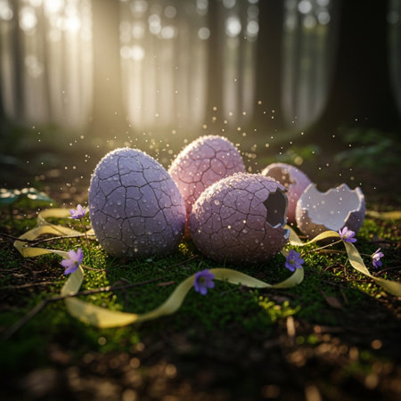 Easter eggs in the forest. Happy easter greeting card.の素材