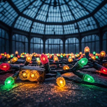 Christmas lights in the interior of a greenhouse. Christmas and New Year conceptの素材