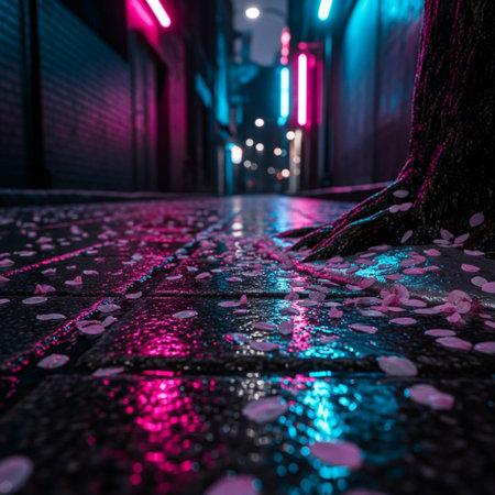 Cherry blossom petals falling down on the sidewalk at nightの素材