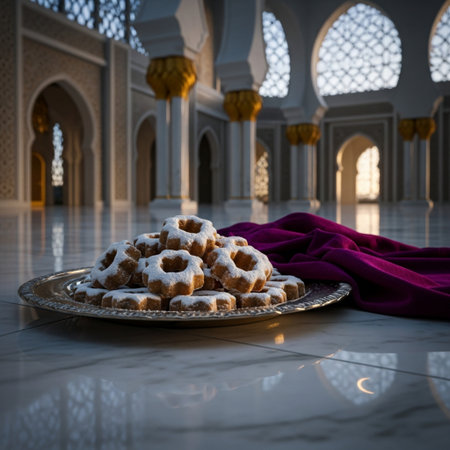 Traditional Ramadan Kareem cookies on the table in front of the mosqueの素材
