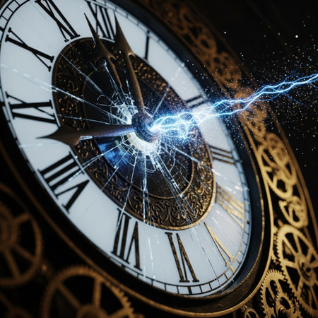 Closeup of clock face with lightning. Time concept. 3D Renderingの素材