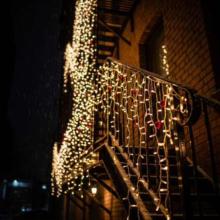 Christmas lights on the stairs at night. New Year and Christmas concept.の素材