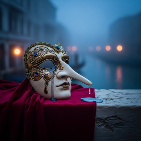 Traditional venetian carnival mask on a red velvet cape in Venice, Italyの素材