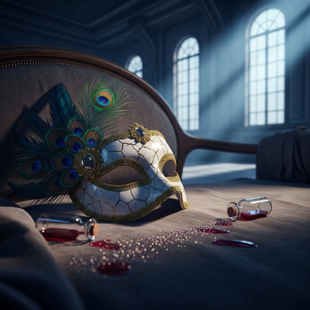 Venetian carnival mask on a couch in a dark roomの素材