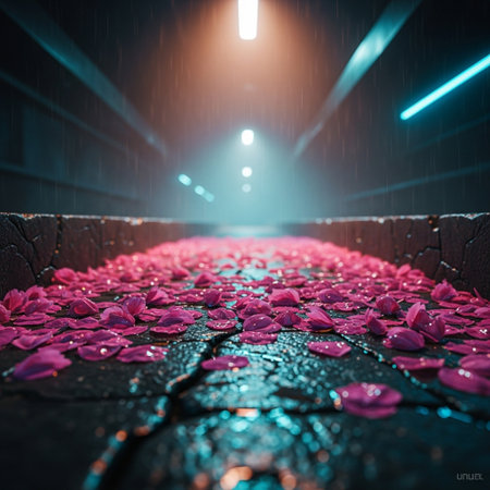 Wet stone walkway with rose petals in the rain.の素材
