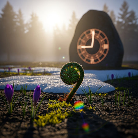 Fantasy image of a small sprout with a clock in the backgroundの素材