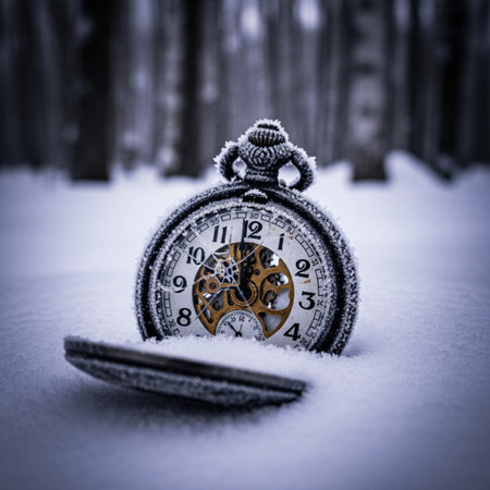 Vintage pocket watch on snow in winter forest. Time concept.の素材