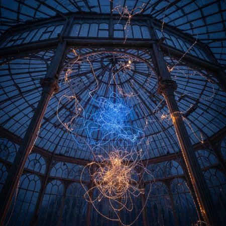 Interior of a large glasshouse with a circular light in the middleの素材