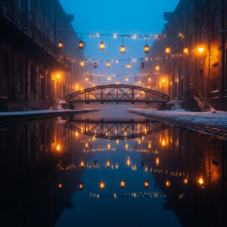 Old bridge over the river at night in Gdansk, Polandの素材