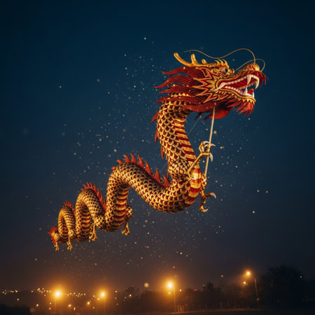Chinese dragon flying in the night sky. Chinese New Year concept.の素材