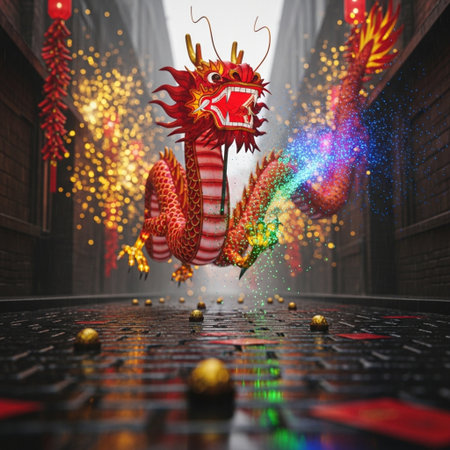 Chinese dragon with firecrackers in the city. 3d renderingの素材