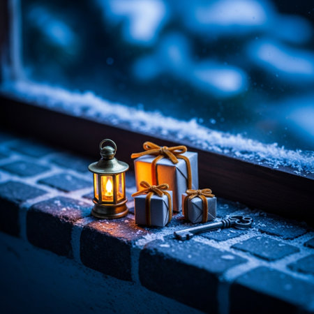 Christmas and New Year concept. Glowing lantern and gift boxes on the windowsill. Selective focusの素材