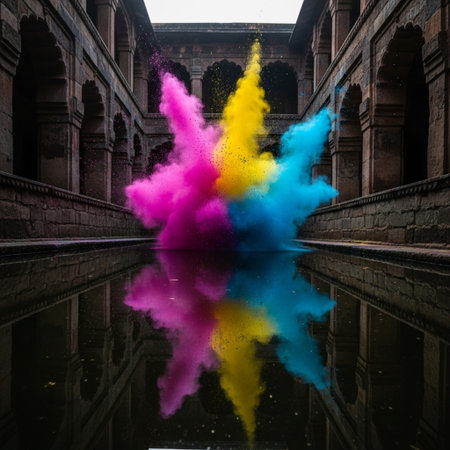 Colorful holi powder splashing from the fountain in the Agra Fort, Uttar Pradesh, Indiaの素材
