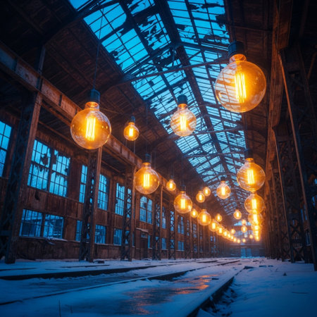 Old industrial building with lamps in winter, retro style, tonedの素材