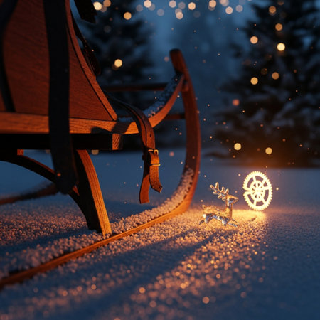Christmas and New Year concept. Silhouette of a Christmas tree on the background of a wooden sleigh.の素材