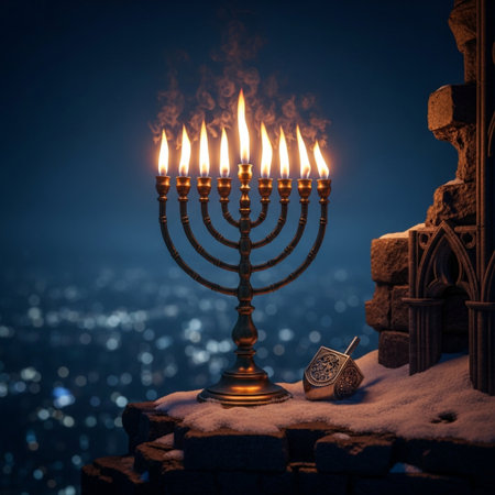 Image of jewish holiday Hanukkah background with menorah (traditional candelabra) and burning candlesの素材
