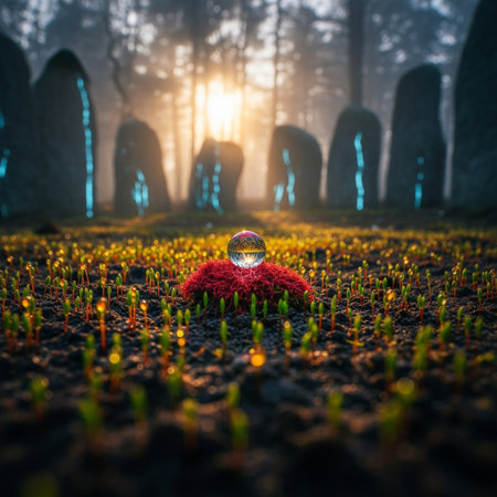 Mysterious cemetery with a crystal ball on the ground. Halloween concept.の素材