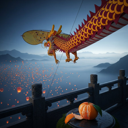 Dragon in chinese temple with foggy mountain background,3d renderの素材