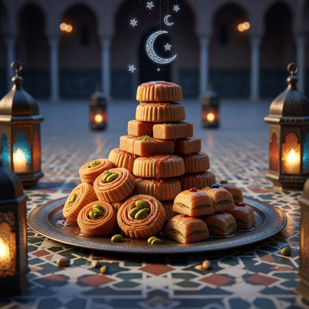 Ramadan Kareem greeting card with traditional arabic sweets and lanternsの素材