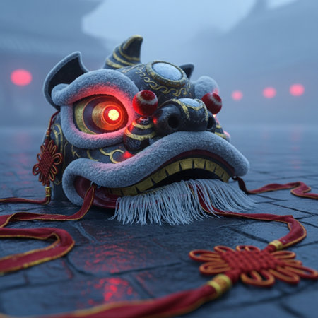 Chinese New Year Lion Dance, closeup of lion dance with red lanternの素材