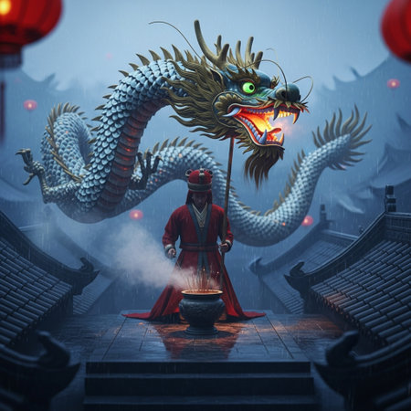 Chinese dragon and lion dance in the temple,3d rendering.の素材